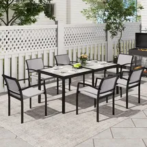 Outsunny Sitzgruppe 7 tlg. Essgruppe für 6 Personen Esstisch mit 6 Stapelbare Stühle, Esszimmergruppe Küchentisch-Set mit Stahlgestell Balkonmöbel Gartenmöbel für Terrasse, Balkon Grau