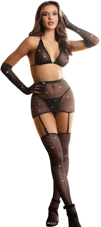 SUBBLIME  Netz-Bodystocking mit Handschuhen und Strass Schwarz One Size