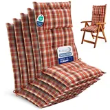 Beautissu 5er Set Gartenstuhlauflagen Hochlehner Auflagen 120x50 cm – 7cm Polster Sitzauflagen Gartenmöbel Made in EU – UV-Lichtecht Sitzpolster Gartenstuhl Orange Rot Grün Kariert – HighLux HL