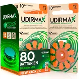 80 Batterien für Hörgeräte Udirmax Orange Größe 13 PR48 Zink-Luft Öko-Pack mit Dynamic Sonar Technologie - 8 umweltfreundliche Blisterpackungen mit 10 Hörgerätebatterien