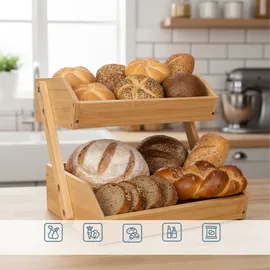 Relaxdays Obst Etagere Bambus, 2 Etagen, HBT 26,5x30x25 cm, Korbetagere, Obst, Gemüse & Gebäck, Obstschale Küche, Natur