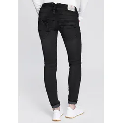 Röhrenjeans HERRLICHER "PITCH SLIM REUSED DENIM", Damen, Gr. 25, Länge 32, blau (tempest), Denim/Jeans, Obermaterial: 97% Baumwolle, 3% Elasthan, leichte Abriebeffekte, vintage, casual, slim fit lang, Jeans, Low Waist mit leichtem Push-Up-Effekt