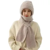 Hokuto Integrierter GehöRschutz Winddichte MüTze Schal, Kapuzenschal Damen Winter, MüTze Mit Schal Damen, MüTze Winddicht (Beige) - Einheitsgröße