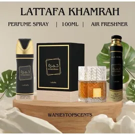 Lattafa Khamrah Eau de Parfum 100 ml + Perfumed Spray 200 ml + Lufterfrischer 300 ml Geschenkset