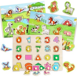 SOTOR Lernspielzeug 3er-Set Holzpuzzle – Kleinkinder Spielzeug ab 2 3 Jahre (Puzzlespiel, Steckpuzzle, Holzspielzeug für Kinder), Montessori Spielzeug ab 1 2 Jahr, Puzzle, Motorikspielzeug