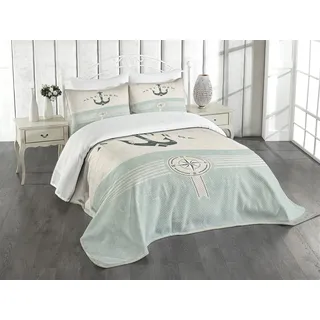 ABAKUHAUS Nautisch Tagesdecke Set, Altmodisch Maritim Anker, Set mit Kissenbezügen Waschbar, für Doppelbetten 220 x 220 cm, Seafoam Beige