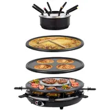 Syntrox Germany 4in1 Raclette mit Fondue für 8 Personen 4 Platten | heißer Stein Pancake- und Crepesplatte, 8 Pfännchen, 1350 W, antihaftbeschichtet, - Wades / A-Ware - schwarz