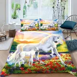 VASENA Bettwäsche Regenbogen Bettwäsche 135x200 Kinder Süßes Weißes Pferd Bettbezug Set Weich Microfaser Kinderbettwäsche 3 Teilig Mit ReißVerschluss Mit 2 Kissenbezug 80x80 cm