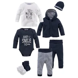 Kidsworld Starterpaket "8tlg. Baby-Set", Jungen, Gr. 50/56, blau (marine, weiß), Interlock, Obermaterial: 100% Baumwolle. Söckchen: 95% Baumwolle, 5% Elasthan. Bündchen: 95% Baumwolle, 5% Elasthan, Basic, KOB Set-Artikel Erstausstattungspaket, aus Bio-Baumwolle