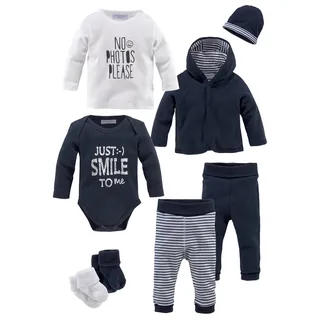 Kidsworld Starterpaket "8tlg. Baby-Set", Jungen, Gr. 50/56, blau (marine, weiß), Interlock, Obermaterial: 100% Baumwolle. Söckchen: 95% Baumwolle, 5% Elasthan. Bündchen: 95% Baumwolle, 5% Elasthan, Basic, KOB Set-Artikel Erstausstattungspaket, aus Bio-Baumwolle
