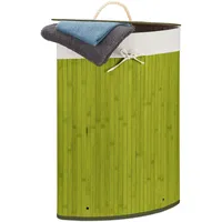 1 x Eckwäschekorb Bambus, faltbare Wäschebox 60 Liter, platzsparend, Wäschesack Baumwolle, 65 x 49,5 x 37 cm, grün