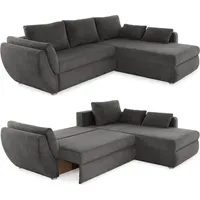 Ecksofa Schlaffunktion Couch mit Rutschenlehne Bettkasten Cord Dunkelgrau / 15226 - Grau