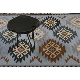 Green Looop Wollteppich GREEN LOOOP "Blancard", blau (hellblau), B:140cm H:5mm L:200cm, Wolle, Teppiche, Fransen, Kelim, handgewebt, Natur, Wohnzimmer, Schlafzimmer, Ethno