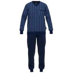 GÖTZBURG Herren Schlafanzug - lang, Bündchen, Pyjama, Baumwolle, Muster, V-Ausschnitt Blau XXL