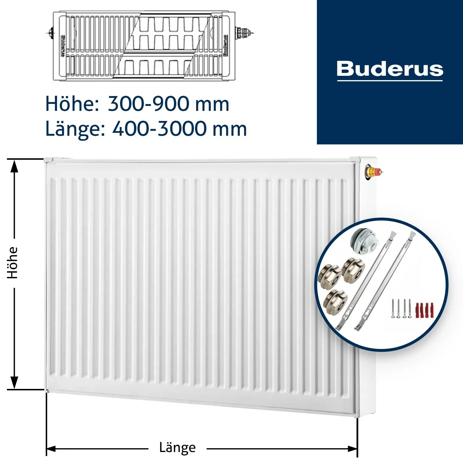 Flachheizkörper Buderus Logatrend, VC-profiliert, Typ 33 mit Wandbefestigung 300 x 500 mm Ausführung rechts