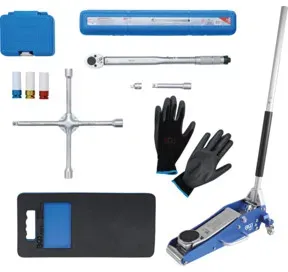 BGS Radwechsel Spar-Set 10-tlg. mit Wagenheber + Drehmomentschlüssel + Felgen-Schon-Einsätze + Knieschoner + Kreuzschlüssel +  Kreuzschlüssel + Handschuhe