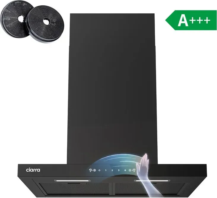 Ciarra 60 cm Ultra-Slim 40 mm Panel Dunstabzugshaube aus schwarzem Glas, Wandmontage, Wellen- & Touch-Steuerung, 650 m3/h, A+++ Energieeffizienz, Abluft- & Umluftbetrieb CRGCB6102-SLIM