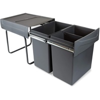 Emuca - Küchenabfalleimer mit unterseitiger Befestigung, 2 ausziehbarer 20 L Recycle-Mülleimer, Gesamtkapazität 40 L (2 x 20 L), Stahl und Kunststoff, Anthrazitgrau.