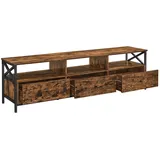 VASAGLE TV-Schrank, Lowboard für Fernseher bis zu 80 Zoll, Fernsehtisch mit 3 Schubladen, 3 offenen Fächern, 178 x 40 x 50 cm, Wohnzimmer, Stahlgestell, vintagebraun-schwarz LTV302B01