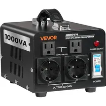 Vevor Spannungswandler-Transformator, 1000 VA, Aufwärts-/Abwärts-Leistungstransformator, Konvertierung von 110 V auf 220 V & von 220 V auf 110 V, mit US-& EU-Steckdosen, Netzkabel, Schutzschalter