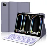 IVEOPPE Tastatur für iPad pro 11" 2024 (M4), Hülle mit Tastatur für iPad Pro 5. Generation, Magnetisch Abnehmbare 7-Farbige Beleuchtung Bluetooth QWERTZ Hülle Tastatur für iPad Pro 11 Zoll 2024, Lila