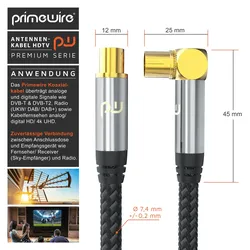 Primewire Antennenkabel gewinkelt mit Braiding - Koaxialkabel - Koax Kupplung 90° Winkel zu Stecker gerade - HDTV 75 Ohm - 2 m