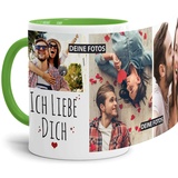 Tassendruck Fototasse mit Spruch - Ich Liebe Dich - zum Selbst gestalten mit 3 Fotos, Innen & Henkel Hellgrün, 300 ml