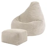 I.C.O.N. Icon Dalton Sitzsack Kinder mit Hocker, Beige, Flauschiger Cord Stoff, Sitzsack Cord mit Füllung, Bequemer Kinder Gaming Sessel, Kuschelsessel, Lese Sessel, Schlafzimmer, Kinderzimmer, Spielzimmer