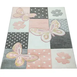 Paco Home - Kinder Teppich Kinderzimmer Bunt Rosa Schmetterlinge Karo Muster Punkte Blumen 80x150 Cm