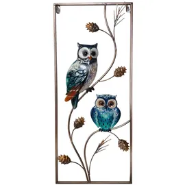 Harms Import Wandbild Wanddeko Außenbereich 2er Set Vögel Eulen Bunt Metall H 69,5 cm