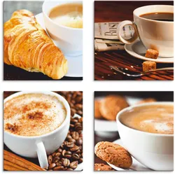 Leinwandbild ARTLAND "Kaffeetassen und Zeitung, Milchkaffee", beige (farbe bild(er): naturfarben), B:20cm H:20cm, Canvas, Leinwand, MDF, Bilder, 4er Set, verschiedene Größen