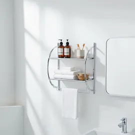 Relaxdays Badregal, Wandregal mit 2 Ablagen, 2 Handtuchstangen, HBT 54,5 x 44,5 x 25,5 cm, Badezimmer, Edelstahl, Silber