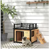PawHut Hundehütte Hundehaus mit Balkon, Erhöhtes Kleintierhaus mit Treppe, Fenster,