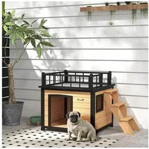 PawHut Hundehütte Hundehaus mit Balkon, Erhöhtes Kleintierhaus mit Treppe, Fenster,