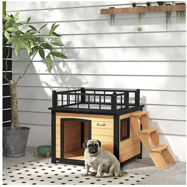 PawHut Hundehütte Hundehaus mit Balkon, Erhöhtes Kleintierhaus mit Treppe, Fenster,