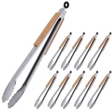 Relaxdays 10 x Grillzange, Edelstahl, mit Holzgriff, lange Kochzange für Grill & Küche, 38 cm, Küchenzange mit Öse, silber/natur