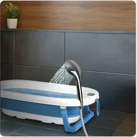 Ricokids Baby Badewanne Babywanne mit Gestell Thermometer und Badekissen - Faltbar Leicht Rutschfest - Weiß Blau