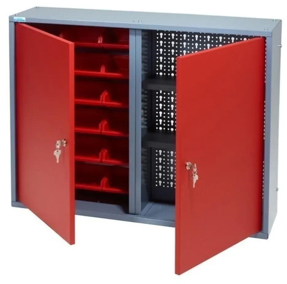 Hängeschrank mit 1 Lochrückwand + 18 Sichtboxen, HxBxT 600 x 800 x 190 mm, rot