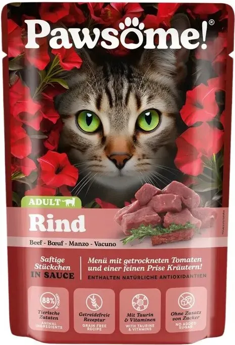 PAWSOME Katzen-Nassfutter Adult Rind - 28 x 85g Beutel - Alleinfutter mit 88 % Fleisch, getreidefrei, ohne Zuckerzusatz