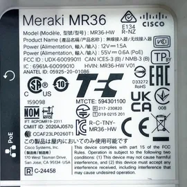 Cisco MR36-HW Accesspoint Wi-Fi 6 2,4 GHz 5 GHz DC 12 V
