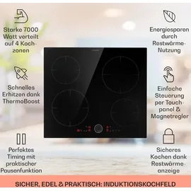 Klarstein Induktionskochfeld 4 Platten, Einbau-Induktionskochfeld mit 4 Kochfelder, 7000 Watt Induktionskochfeld, Herd mit Touch-Control & Timer, Glaskeramikkochfeld mit Abnehmbarem Magnetregler