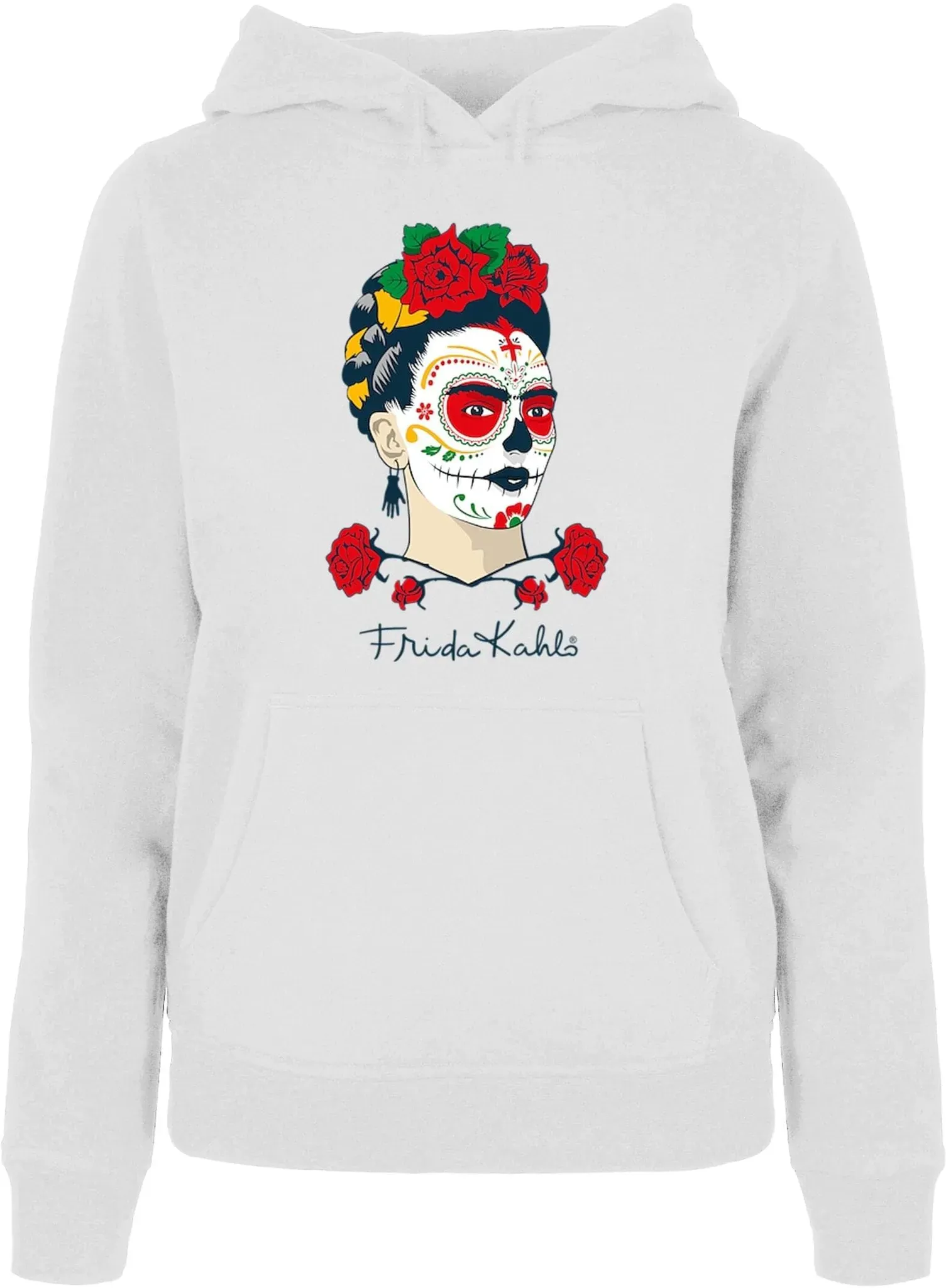 Kapuzenpullover MERCHCODE "Merchcode Damen Ladies Frida Kahlo - Dia de los muertos Hoody", Damen, Gr. L, weiß, 50% Baumwolle, 50% Polyester, unifarben, casual, normal, ohne Ausschnitt, Langarm, Pullover