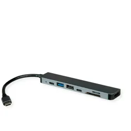 Roline USB-C Dock HDMI+ 2xA+1xC 1xTF/SD+1xC PD 4K60 - Digital/Daten (USB-C, Ports), Dockingstation USB Typ C, 4K USB 2.0 (Typ-A), USB 3.2 Gen 1 (Typ-A+C), SD/MicroSD