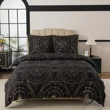 WUMIUER Bettwäsche 240x220 3teilig Bettbezug Schwarz - Gold Astrolabium Muster Bettwäsche-Set 240 x 220 cm und 2 Kissenbezüge 80x80cm mit Reißverschluss, Weich Leicht Bettdeckenbezug
