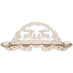 Teelichthalter Holz natur Hirsche Wald ,H 140, B 360,mit 2 Teelichtern