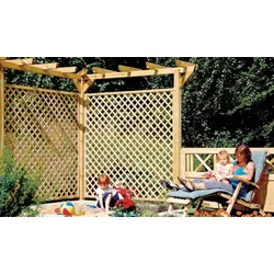 Holzpergola Bausatz mit 450 cm Länge – Kiefer/Fichte, druckimprägniert, 9 x 9 cm Pfosten, 9 x 4,5 cm Reitern, Sattelbalken & Kopfbändern, für Garten