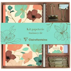 Clairefontaine 3x Gaïa beige, Schreibwaren-Set mit einem Notizbuch 11x17 cm 32 Blatt liniert, einem Bleistift, 2 Briefklemmern - 116257C