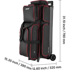 Vevor Bowlingballtasche für 3 Bälle mit Doppelrollen & separatem Fach für Schuhe (bis US-Größe 16) & übergroßer Zubehörtasche, einziehbarer Griff lässt sich auf 105 cm ausziehen Schwarz + Rot