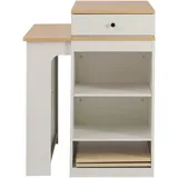 OKWISH Ausziehbarer Esstisch aus MDF, PB und Glas in Weiß/Natur, 80x71/111/151x92 cm, mit Stauraum, Steckdosenleiste und Rollen