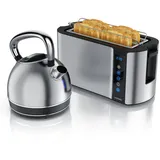 Arendo Frühstücks-Set Edelstahl Wasserkocher 1,7l, 4-Scheiben Langschlitz Toaster, silber (2-tlg), Frühstücksset, Wasserkocher Retro, Toaster Brötchenaufsatz, Touch silberfarben